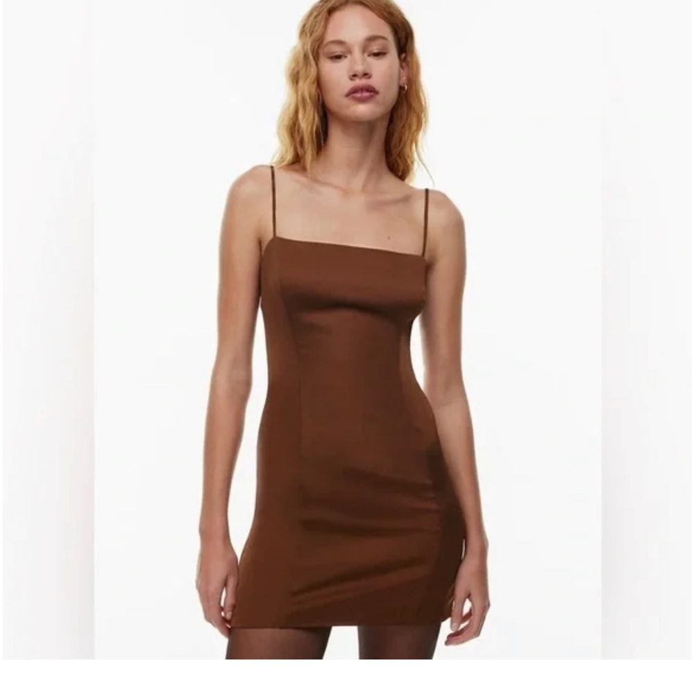 Aritzia Sunday Best Shimmer Satin Dress in Cognac. Great condition Size 0
